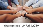 Support, fist bump and hands of business people in circle for teamwork with solidarity and community. Synergy, partnership and staff group with power sign together for workplace trust and cooperation