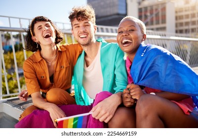 Support, freedom and lgbtq with friends and flag in city for love, gay pride and equality. Culture, celebration or inclusion with portrait of group of people for community, diversity and human rights - Powered by Shutterstock