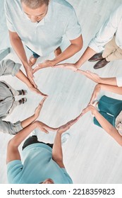 Support, Group And Heart Hand With Top View For Company Solidarity, Synergy Or Team Building. Trust, Unity And Care Of Office People With Hands Together For Integrity, Cooperation Or Kindness.