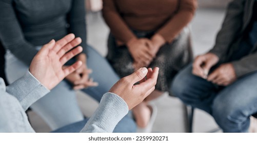 Support with group, therapy and mental health with hands and help, people together talking about problem and crisis. Psychology, healthcare and trust, respect and community in counseling for trauma