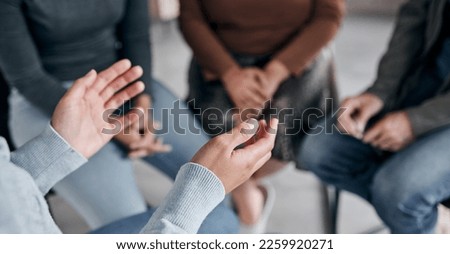 Support with group, therapy and mental health with hands and help, people together talking about problem and crisis. Psychology, healthcare and trust, respect and community in counseling for trauma