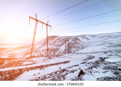 Support of the high-voltage power line. Winter mountain landscape. - Powered by Shutterstock