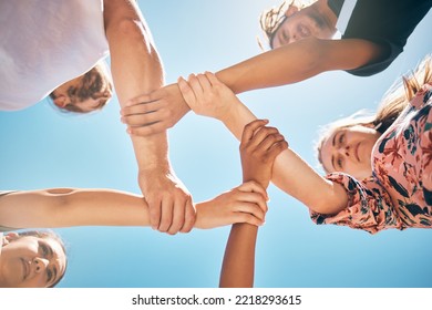 Support, Holding Wrists And Friends In A Circle For Collaboration, Trust And Teamwork Outdoors. Diversity, Love And People In A Community With Compassion, Respect And Unity With A Sky Blue Background