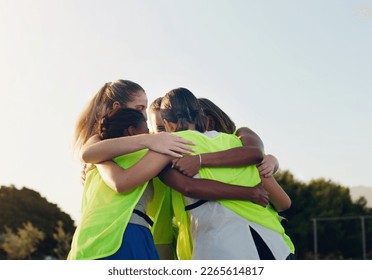 Support, hug and team huddling for hockey, game motivation and sports on a field in Australia. Team building, planning and athlete girls with a circle huddle for teamwork, training and sport - Powered by Shutterstock