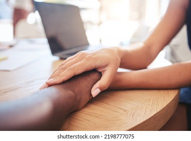 Support, Love And Care People Hands Holding, Talking Of Problem, Financial Struggle Or Job Loss Failure. Trust, Help And Comforting Woman With Sad Man, Friend Or Employee And Hope For Mental Health