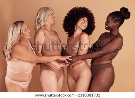 Support, love and diversity of women in underwear, beauty collaboration and smile for body positivity against brown studio background. Community, care and model people with solidarity and confidence