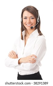 Support phone operator in headset, isolated on white