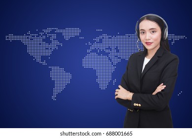 Support phone operator in headset at map background, woman with call center concept, 20-30 years old.