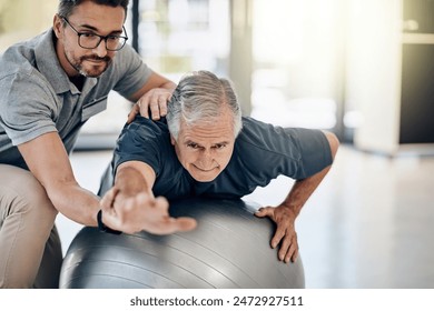 Support, physiotherapist and old man with gym ball, stretching or medical care in senior rehabilitation. Physio, caregiver and elderly patient for mobility training, exercise or help in retirement - Powered by Shutterstock