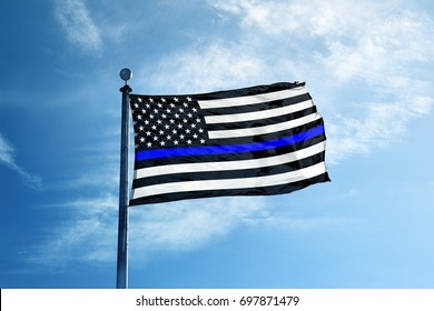 Support The Police Thin Blue Line American Flag On The Mast
