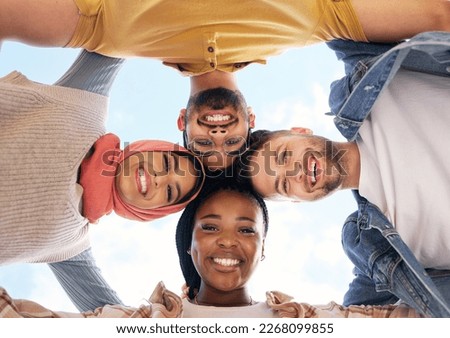 Similar – Young happy people with their heads together having fun in summer party