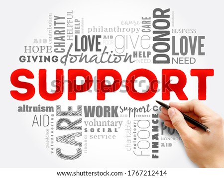 Support - the provision of help, aid, or resources to someone in need, offering comfort, approval, or positive reinforcement to someone, text concept word cloud