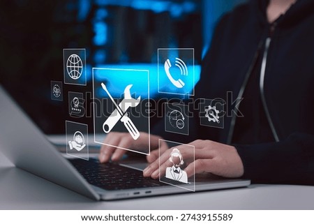 IT support service concept. Technician using laptop to manage online technical assistance, system maintenance, customer support and remote troubleshooting with 24 7 helpdesk, digital service platform,
