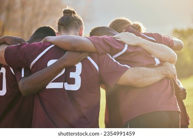 Support, soccer and team with huddle, fitness and exercise with wellness, healthy activity and cooperation. Group, people and friends with motivation, field and training with competition or workout - Powered by Shutterstock