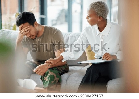 Support, soldier and man in therapy for trauma counseling due to military war and talking army mental health. Consultation, depression and sad man with help for psychology problem on a sofa