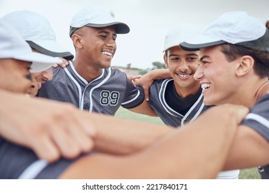 Support, Strategy And Sports With Team Of Baseball For Training, Planning And Motivation. Fitness, Collaboration And Teamwork With Baseball Player On Field For Goals, Health And Community Huddle