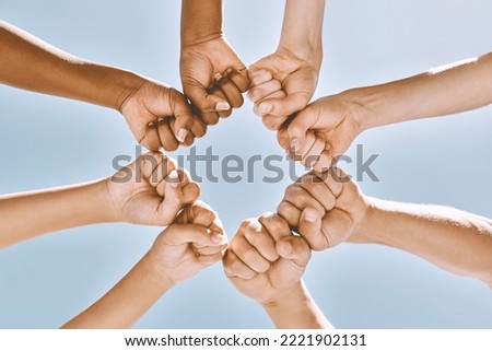 Support, trust and solidarity fist hands circle with low angle for loyalty, mission and friends with cooperation. Connection, hope and community of people together for social commitment.