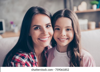 Support, Trust Stable, Strong Family Concept. Close Up Portrait Of Happy Tender Smiling Mom And Her Lovely Cute Preteen Child, They Are Hugging