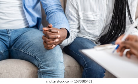 Support And Trust. Unrecognizable Married Couple Holding Hands, Comforting Each Other During Therapy Session In Counselor's Office, Panorama