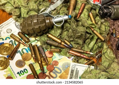 Support for Ukraine. War in Ukraine. Euro coins and banknotes and cartridges of different caliber. Sale of weapons. Ammunition for war