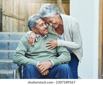 Support, wheelchair and senior couple hug with care, smile and love by elderly happy people in retirement. Old man, rehabilitation and person with disability and woman helping in empathy in marriage - Powered by Shutterstock