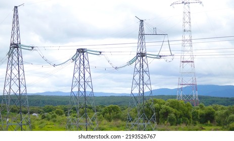  Supports Of High-voltage Power Lines. Filmed On The Border Of Russia With China. Electricity Is Sold To China. Far Eastern Region Of Russia, Khabarovsk, Bolshoy Ussuriysky Island. 