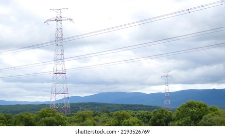  Supports Of High-voltage Power Lines. Filmed On The Border Of Russia With China. Electricity Is Sold To China. Far Eastern Region Of Russia, Khabarovsk, Bolshoy Ussuriysky Island. 