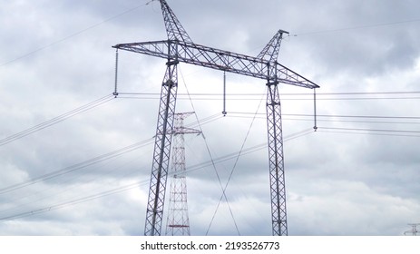  Supports Of High-voltage Power Lines. Filmed On The Border Of Russia With China. Electricity Is Sold To China. Far Eastern Region Of Russia, Khabarovsk, Bolshoy Ussuriysky Island. 