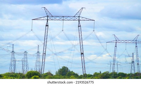  Supports Of High-voltage Power Lines. Filmed On The Border Of Russia With China. Electricity Is Sold To China. Far Eastern Region Of Russia, Khabarovsk, Bolshoy Ussuriysky Island. 