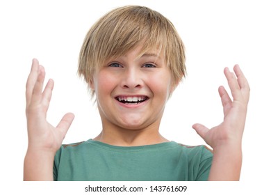 Suprised Blonde Boy With Hands Up On White Background