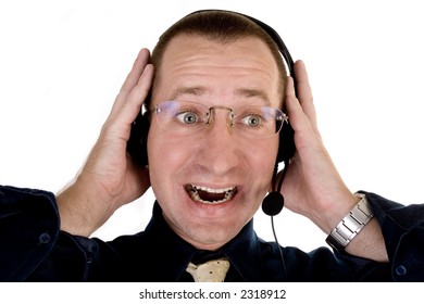 suprised operator at work with a handset