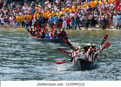 Suquamish, Washington / USA - Aug. 3, 2009: Northwest First Nations Taking Part In The 2009 Tribal Canoe Journey To Suquamish, Washington, On Aug. 3, 2009. 