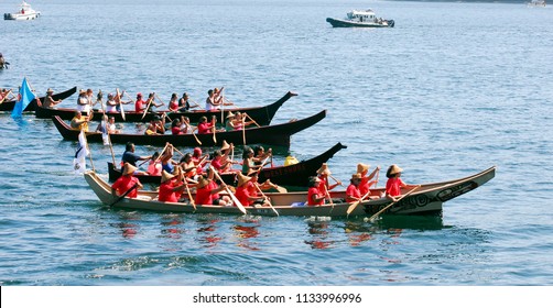 Suquamish, Washington / USA - Aug. 3, 2009: Northwest First Nations Taking Part In The 2009 Tribal Canoe Journey To Suquamish, Washington, On Aug. 3, 2009. 