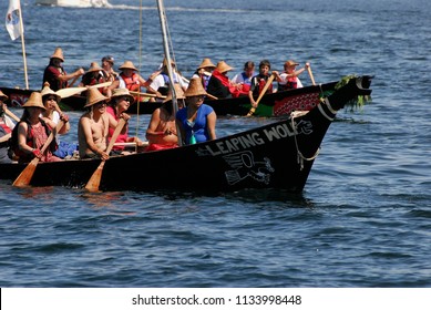 Suquamish, Washington / USA - Aug. 3, 2009: Northwest First Nations Taking Part In The 2009 Tribal Canoe Journey To Suquamish, Washington, On Aug. 3, 2009. 