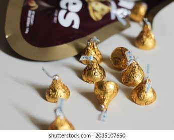 Surabaya, Indonesia - 02 September 2021 : First introduced in 1905, Hersheys Kisses is a brand of chocolate manufactured by The Hershey Company. Selective focus