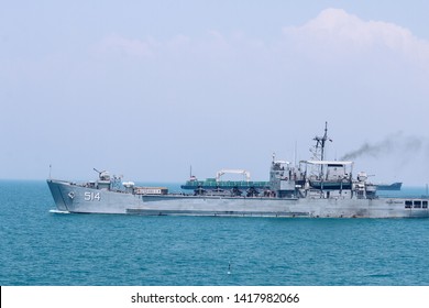 Surabaya, Indonesia - April 21th, 2019 :  The Indonesian Navy sail KRI TELUK MANDAR 514 Battleship in the middle of javanesse ocean, north Madura, Indonesia