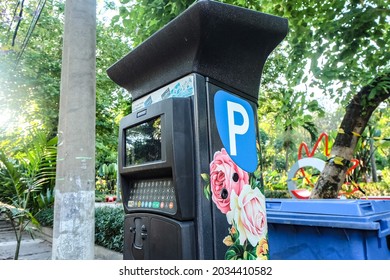 Surabaya, Indonesia. august 2021  parking meter at bungkul park darmo street, surabaya