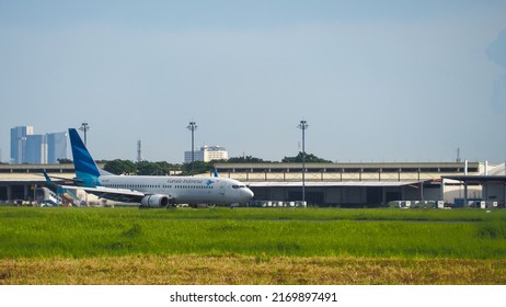 Surabaya, Indonesia - June 12, 2022: A Garuda Indonesia Airline Boeing 737-800 On The Runway Of Juanda International Airport