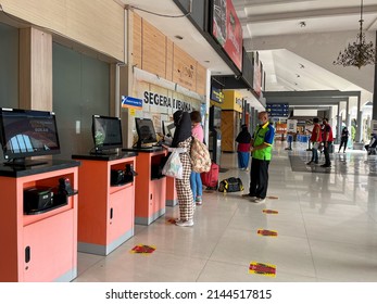 Surabaya, Indonesia - Mar 2022 : The view of ticket printing station at Gubeng Train Station