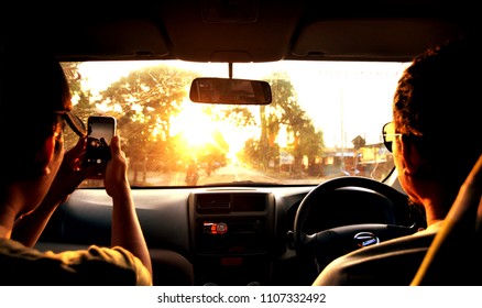 Surabaya, Indonesia - May 30, 2018: Afternoon Sun Glare Filled The Interior Of The Car On The Way Surabaya To Tuban, East Java, Indonesia