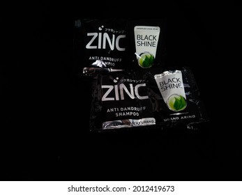 Surakarta 22  July 2021 - Black Sachet Shampoo To Make Hair Shiny Dandruff Free On Black Background