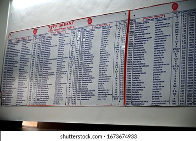 Surat, Gujarat / India - March 9, 2020 : Indian Gujarat City Surat Railway Station Old Hand Written Train Time Table Board