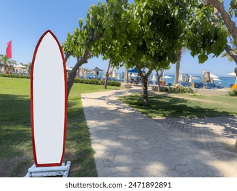 surf board shaped blank or empty mockup over beautiful beach resort in summer. summer store at seaside. side view surfboard display of store in summer