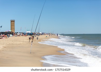 Surf Fishing Out On Gordons Pond Beach. Rehoboth Beach, DE, USA 6-13-2020