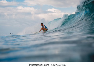 Surf Girl On Surfboard. Woman In Ocean During Surfing. Surfer And Wave