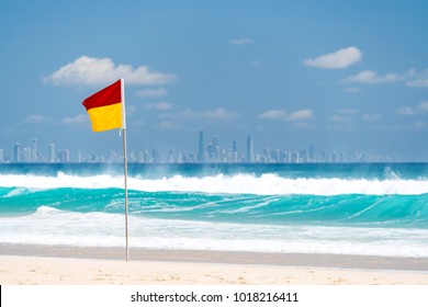 Surf Lifesaving Flag On A Beach At Coolangatta On The Gold Coast, Queensland, Australia.