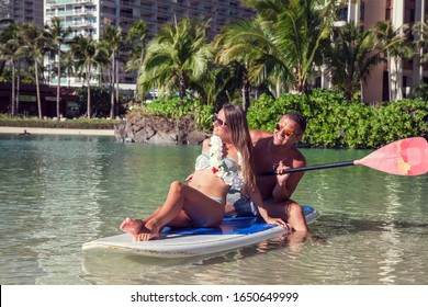 Surf Love Story. Couple In Surfboard Together. Hawaii Summer Travel Vacation On Oahu Island, USA. 