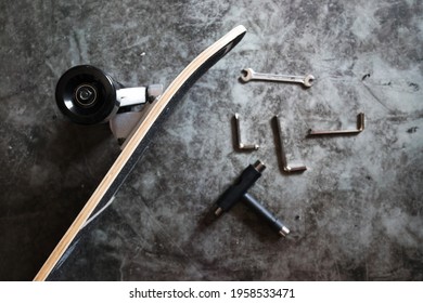 Surf skateboard parts, tools and assembly. Top view of skateboard assembling parts. - Powered by Shutterstock