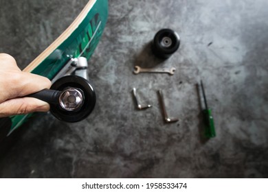 Surf skateboard parts, tools and assembly. Top view of skateboard assembling parts. - Powered by Shutterstock