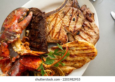 Surf And Turf Beef Bbq Ribs T Bone Steak Cheese Shrimps Lobster Chop